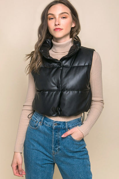 Ashley- Faux Leather puffer West With Snap Button