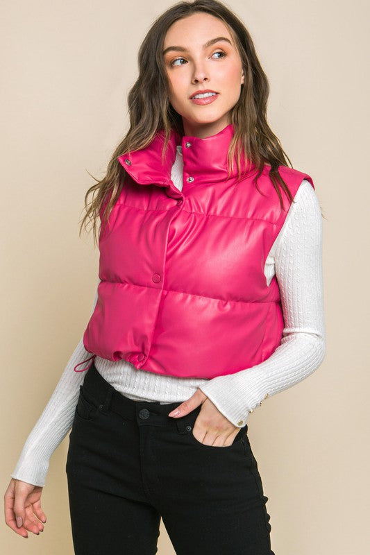 Ashley- Faux Leather puffer West With Snap Button