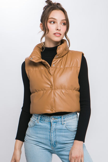 Ashley- Faux Leather puffer West With Snap Button