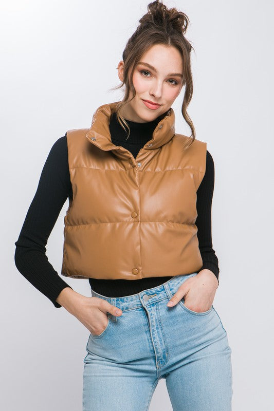 Ashley- Faux Leather puffer West With Snap Button