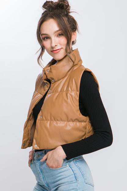 Ashley- Faux Leather puffer West With Snap Button