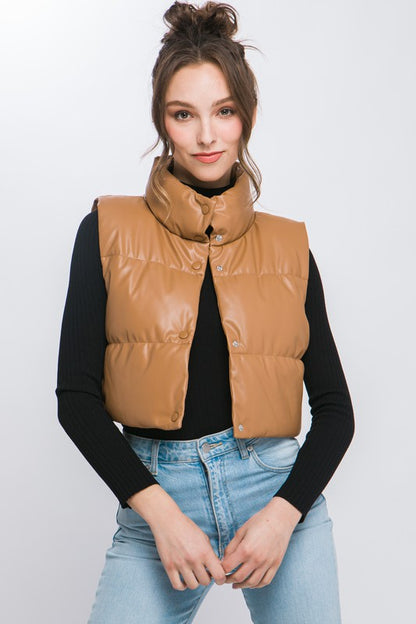 Ashley- Faux Leather puffer West With Snap Button