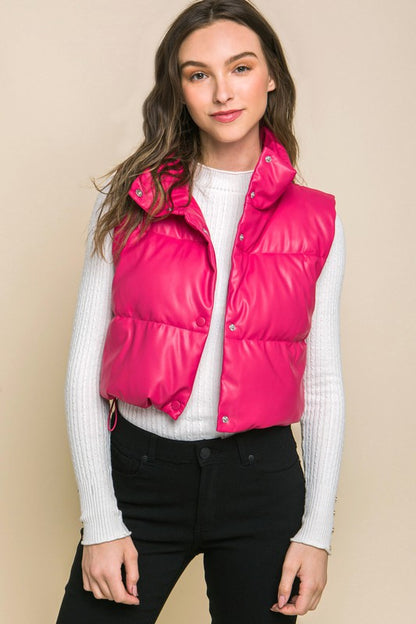 Ashley- Faux Leather puffer West With Snap Button