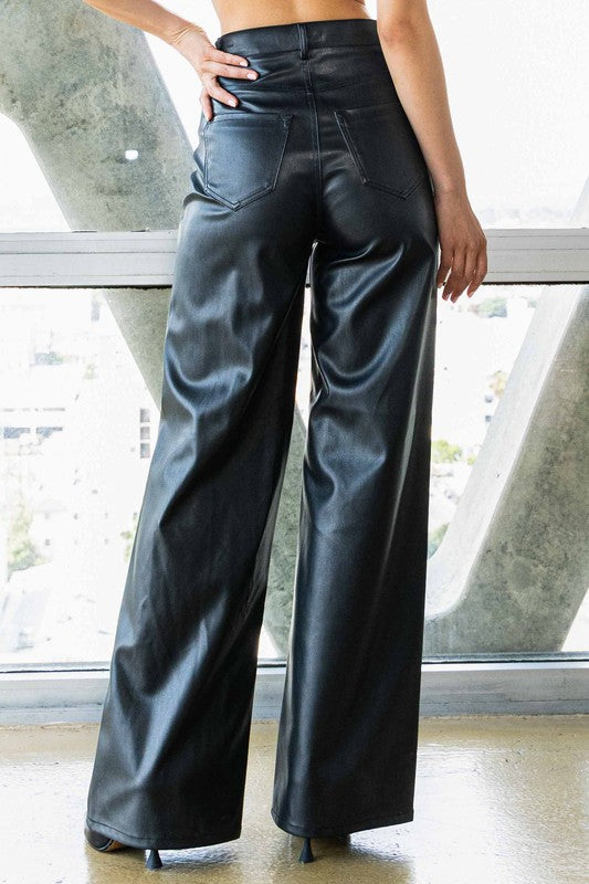 Howdy- Blk Vegan Leather Wide Leg Pants